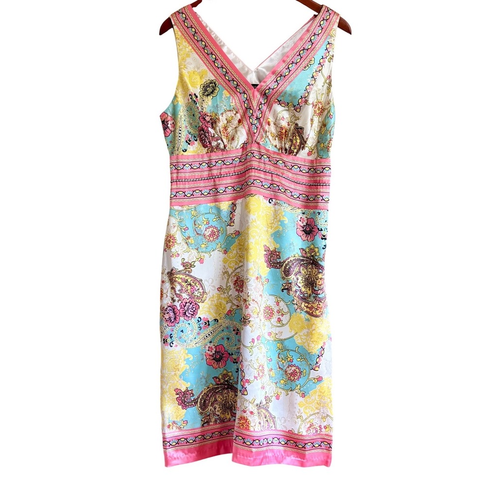 Nicole Miller Y2K 100% Silk Paisley Floral V-Neck Sheath Dress 10 Garden Wedding - Picture 2 of 10